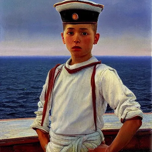 Image similar to painting of sailor boy hyperrealism vasily vereshchagin at harbor