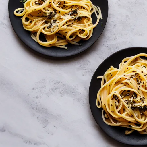 Image similar to Food photography of perfectly-made carbonara pasta, Nikon 25mm