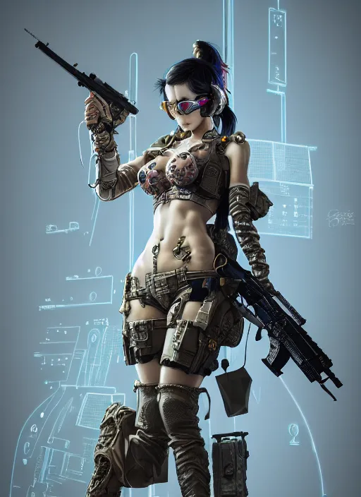 Image similar to the portrait of lawful neutral female cyberpunk marine sniper as absurdly beautiful, gorgeous, elegant, young gravure idol, an ultrafine hyperdetailed illustration by kim jung gi, irakli nadar, intricate linework, bright colors, octopath traveler, final fantasy, unreal engine 5 highly rendered, global illumination, radiant light, detailed and intricate environment