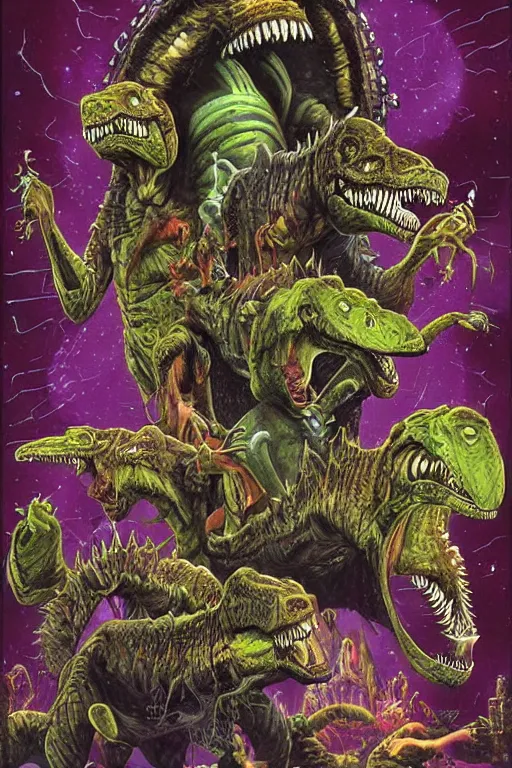 Prompt: Artwork by Tim White of the cinematic view of The Tyrannosaurus Shamaness Donnelle the Evil genius, master of Techno-Arcana, and their ugly pack of sprites and murderous blink dogs, who plan to to be known as the most dashing rogues in the land.