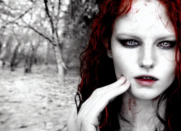 Image similar to award winning 5 5 mm close up face portrait photo of an anesthetic and beautiful redhead woman who looks directly at the camera with blood - red wavy hair, intricate eyes that look like stars, and fangs, in a park by luis royo. rule of thirds.