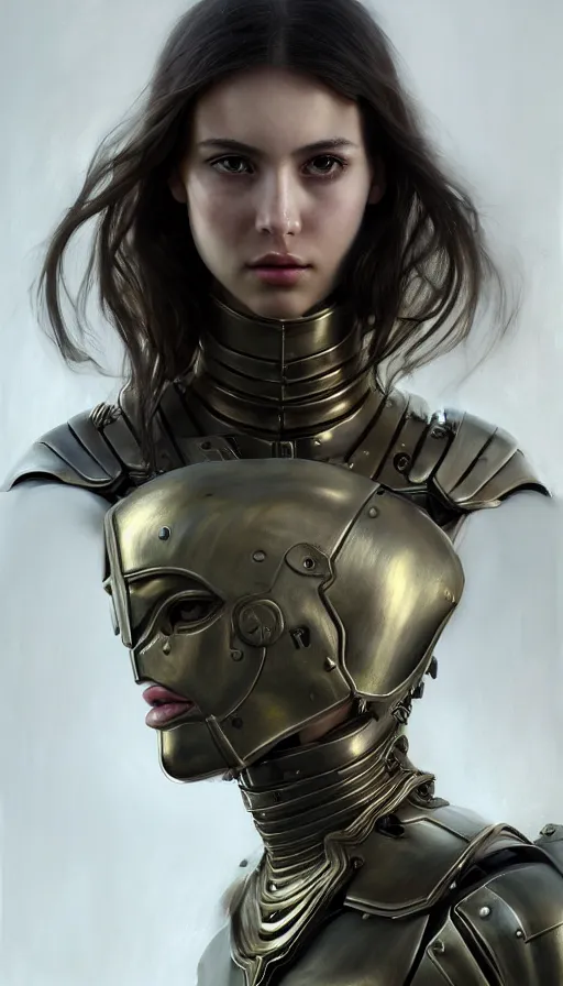 Image similar to a photorealistic painting of an attractive young girl, partially clothed in metal-plated battle armor, olive skin, long dark hair, beautiful bone structure, symmetrical face, perfect eyes, intricate, elegant, digital painting, concept art, illustration, sharp focus, minimal artifacts, volumetric lighting, from Metal Gear, in the style of Ruan Jia and Mandy Jurgens and Greg Rutkowski, trending on Artstation, award winning