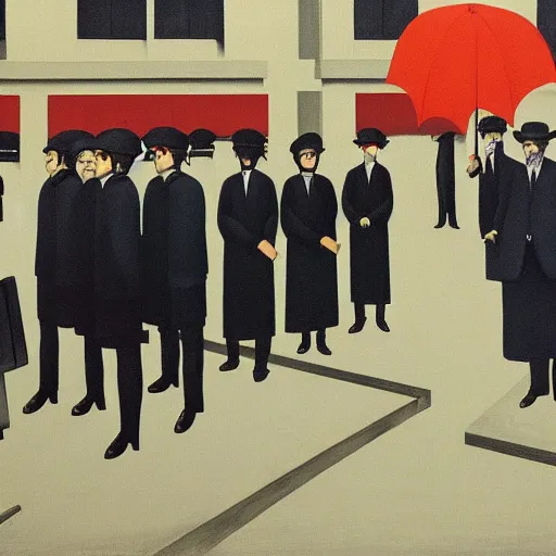 Prompt: magritte painting of a protest in tokyo