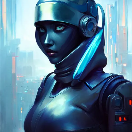 Image similar to movie still of stylized cybernetic ninja - cyberpunk girl, wearing techwear and armor, complementary colors, beautiful realistic face, highly detailed, artstation, concept art, smooth, sharp focus, illustration, art by artgerm, by greg rutkowski, by jeremy mann, by francoise nielly, oil painting