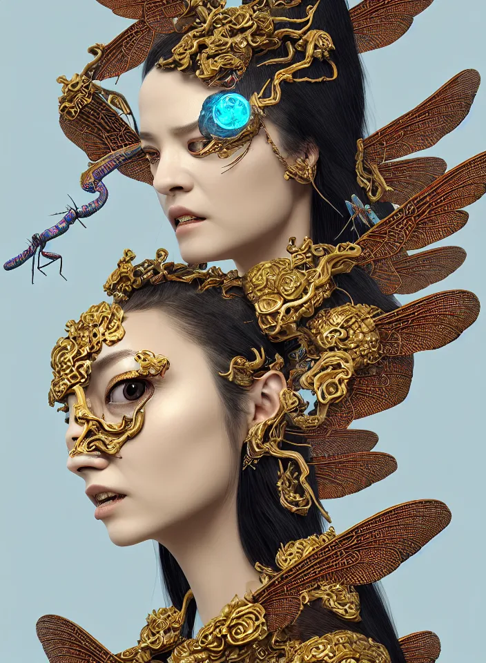 Prompt: 3 d goddess close up profile portrait with agate snake skull, beautiful intricately detailed bird mask and clasical chinese cheongsam. chinese dragon, dragonfly, bio luminescent, plasma, fire, water, wind, creature, artwork by tooth wu and wlop and beeple and greg rutkowski