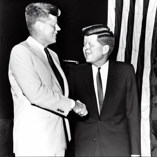 Prompt: a black and white photo of president kennedy shaking hands with a space alien