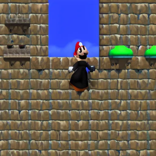 Image similar to an anthropomorphic black goat wizard in super mario 6 4, screenshot