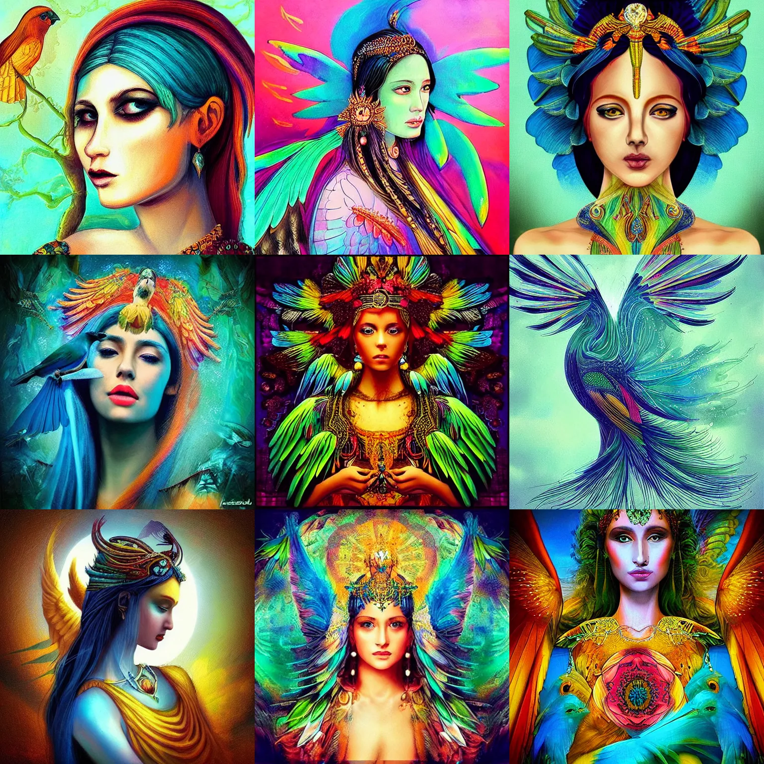 Prompt: “a stunning portrait of goddess of bird , fantasy art , beautiful colors , dramatic”