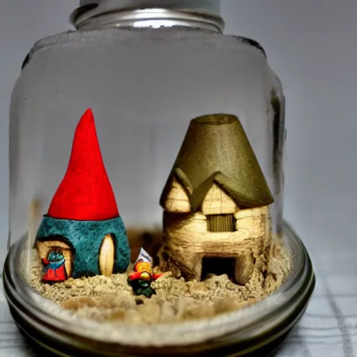 Image similar to photo of a tiny gnome village in a jar.