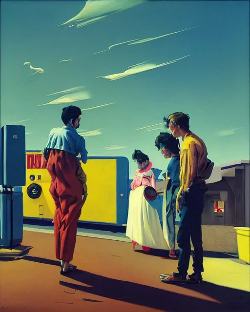 Prompt: square people conversing at a gas station with large oxygen tank in the style of Francis Bacon and Syd Mead and Norman Rockwell and Beksinski, open ceiling, highly detailed, painted by Francis Bacon and Edward Hopper, painted by James Gilleard, surrealism, airbrush, very coherent, triadic color scheme, art by Takato Yamamoto and James Jean