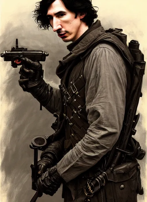 Image similar to painting of both john oliver and adam driver together, john oliver, stoic, full body, military uniform, fantasy, intricate, elegant, beautiful, highly detailed, charcoal, centered, dark, smokey, digital painting, concept art, smooth, sharp focus, illustration, art by artgerm, art by greg rutkowski, art by alphonse mucha