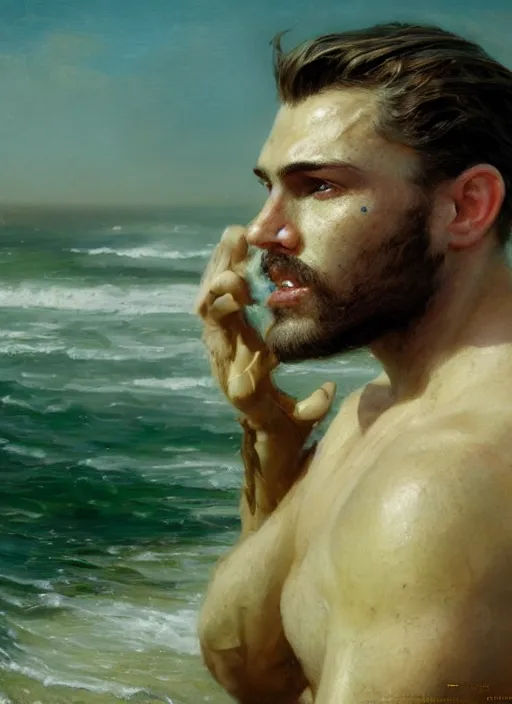 Image similar to detailed cinematic wide shot of muscular attractive young spanish man beard slim face symettrical face clean skin green eyes white hair wearing sea clothes, ultra realistic, spring light, painting by gaston bussiere, craig mullins, j. c. leyendecker