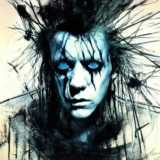 Image similar to gaunt ( the cure fan ) as dream from sandman, dim stars as eyes, by jeremy mann, by cedric peyravernay, by by russ mills, by richard avedon and ben templesmith, dramatic lightning, sadness, dark eye sockets, in the shadows, punk rock, gothic, high detailed, 8 k