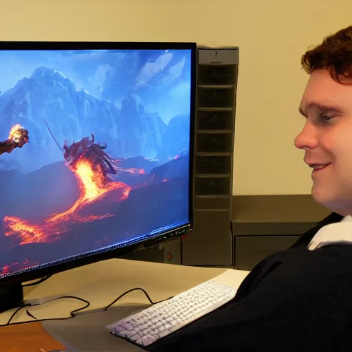 Image similar to burning balrog from lord of the rings sitting behind desk looking at computer screen