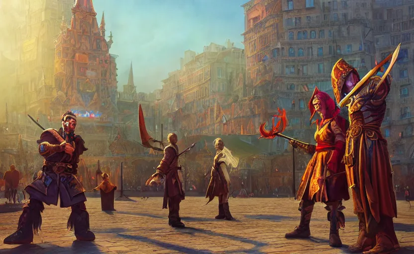 Prompt: mage, assassin and warrior stand in the middle of the square in front of the fountain, daylight, carnival on the background, ray tracing, octane render, digital art, hyperrealism, no blur, 4 k resolution, ultra detailed, style of marc simonetti, tyler edlin, deviantart, ivan shishkin