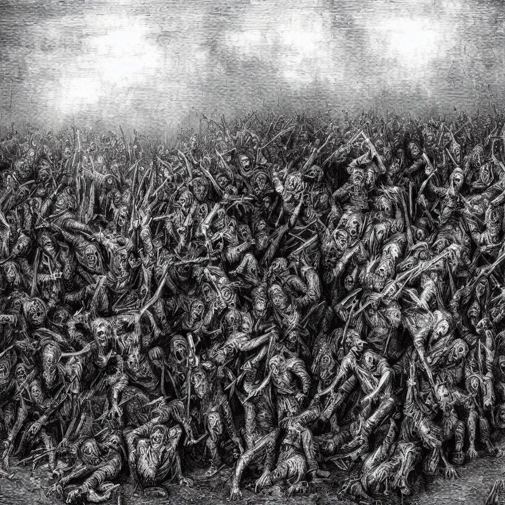 Prompt: zombies, nine steel barrels in a graveyard, creepy atmosphere, dark, realistic, illustration by gustave dore