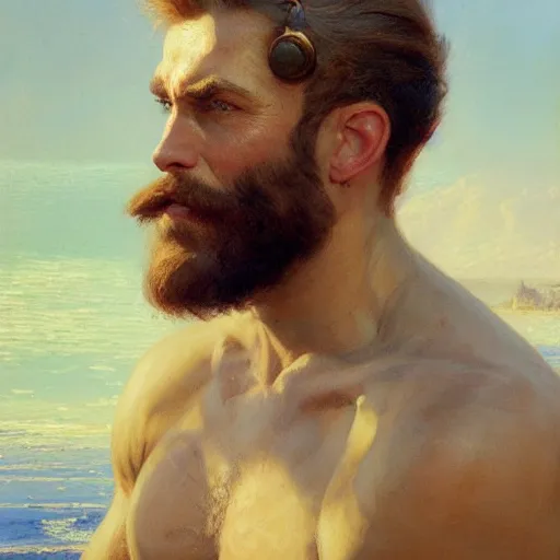 Image similar to detailed cinematic wide shot of sea captain muscular attractive masculine man beard slim face symettrical face clean skin blue eyes white hair, ultra realistic, spring light, painting by gaston bussiere, craig mullins, j. c. leyendecker