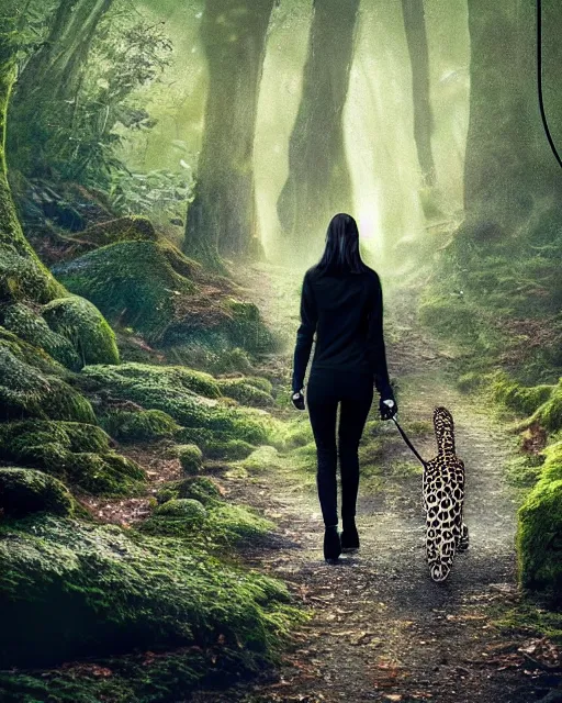 Image similar to beautiful woman walks her pet leopard on a leash thru a crystal forest, hyperreal, atmospheric, photorealistic photographed in the style of National Geographic