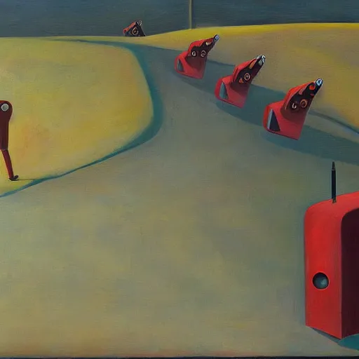 Image similar to robots marching off of a cliff, dystopian, pj crook, edward hopper, oil on canvas