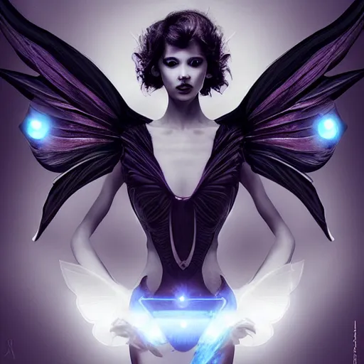 Image similar to a beautiful dark cyberpunk faerie with large wings in a dynamic pose, symmetrical face, art by Casimir, artgerm, Svetlana Belyaeva, Photorealistic, professional photo, Zeiss 50mm F 10, dynamic lighting, cinematic