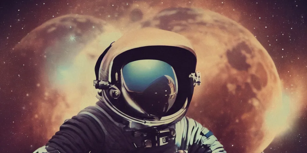 Image similar to vintage polaroid portrait of a beautiful woman wearing a space helmet, on the surface of the moon, science fiction, detailed clouds, 8k, unreal engine, warm azure tones, red color bleed, film grain