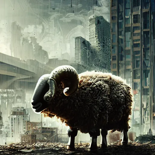 Image similar to ram sheep robot, intricate, sinister, futuristic, ultra realistic, hyper detailed, cinematic, digital art, artstation, trending, destroyed city in the background, depth of field
