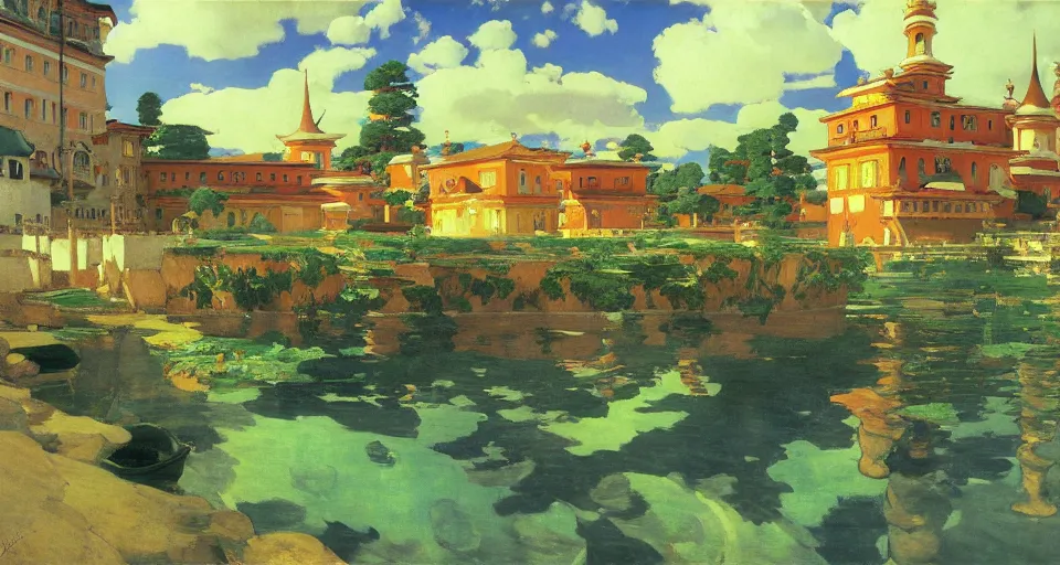 Image similar to ghibli illustrated background of a strikingly beautiful town by vasily polenov, joaquin sorolla, eugene von guerard, ivan shishkin, albert edelfelt, john singer sargent, albert bierstadt 4 k