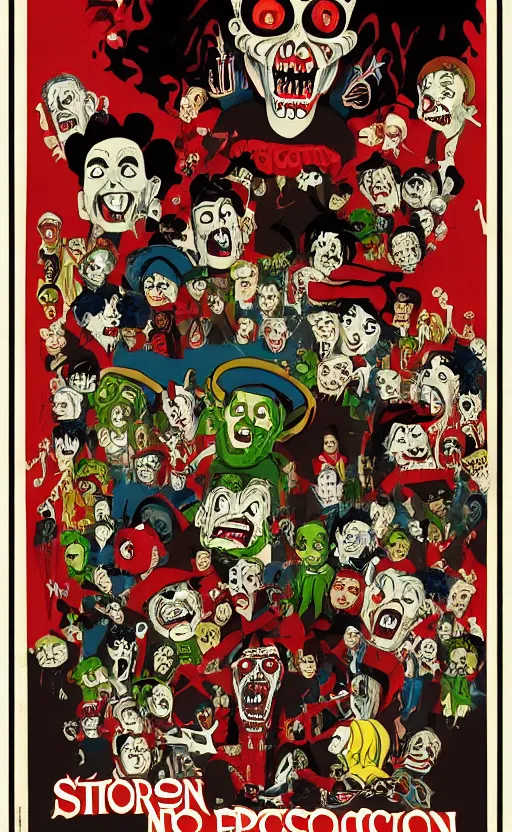 Image similar to cursed with necronomicon horrorcore cel animation poster depicting gory waldo eating the deceased power puff girls, intricate faces, metropolis, 1 9 5 0 s movie poster, post - processing, vector art