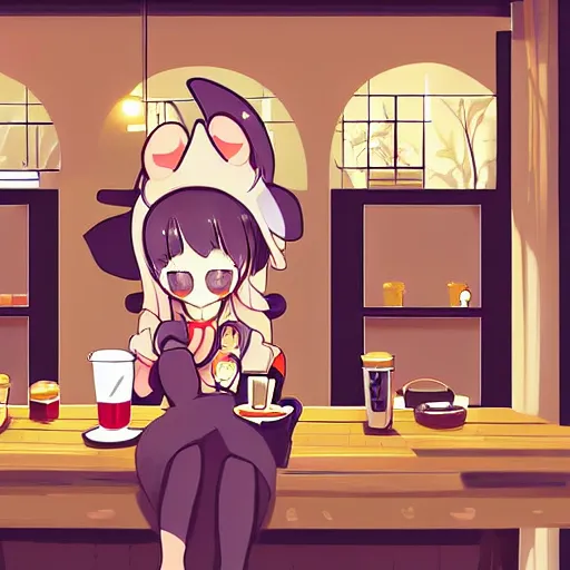 Image similar to detailed painting of a cute character with animal ears relaxing inside a cafe, vector art by kobaruta and shinonoko, featured on pixiv, romanticism, warm lighting, 2 d game art, flat shading, pixiv