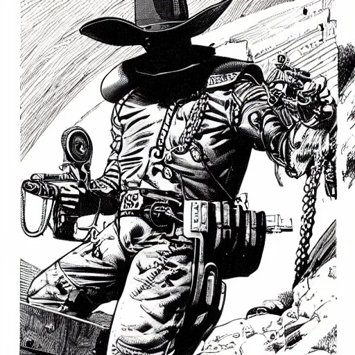 Prompt: cyborg cowboy, highly detailed, ron cobb, moebius, mike mignola