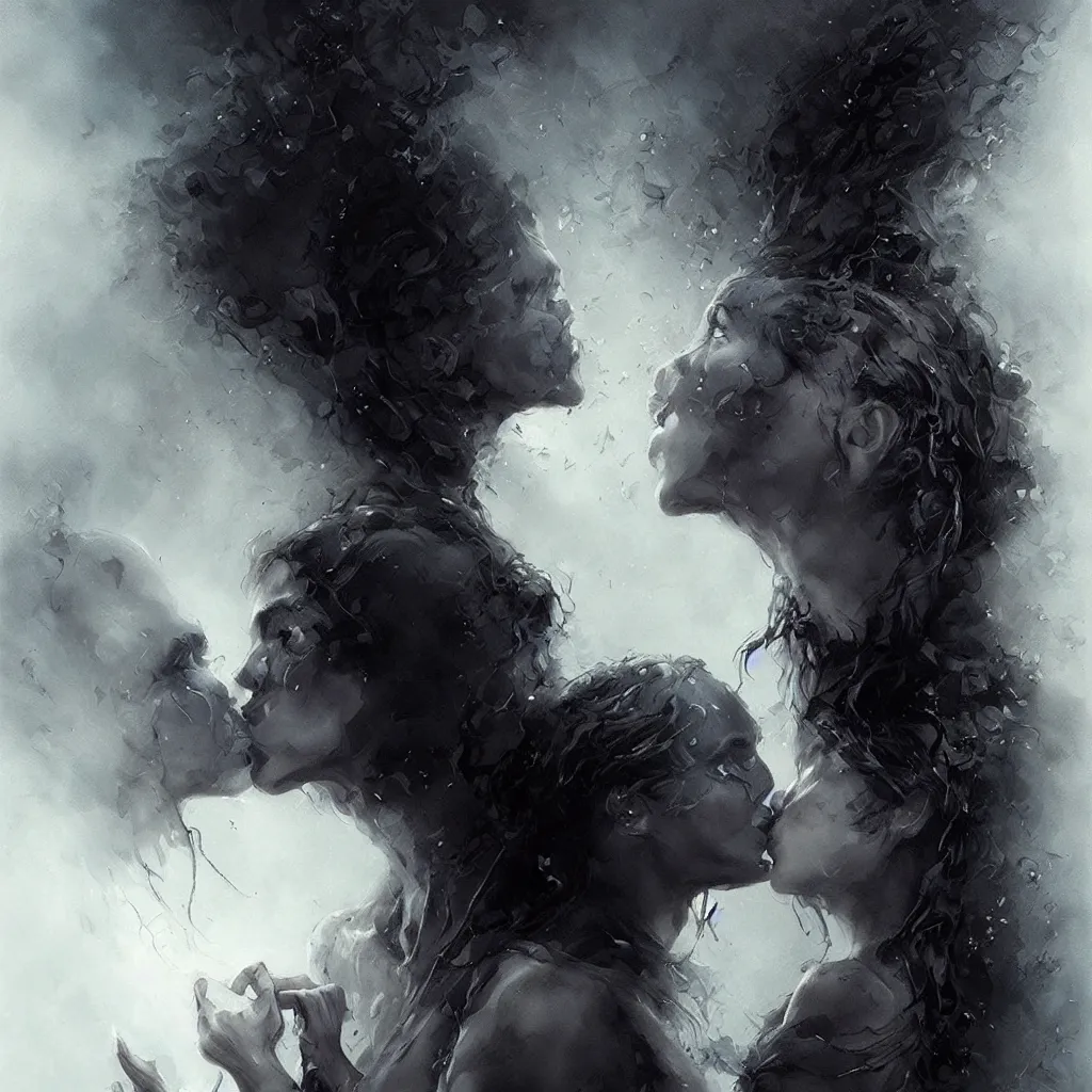 Prompt: couple kissing, magical art portrait covered in black smoke from heaven, abstract, surreal, painted by michael whelan, artgerm, greg rutkowski and luis royo