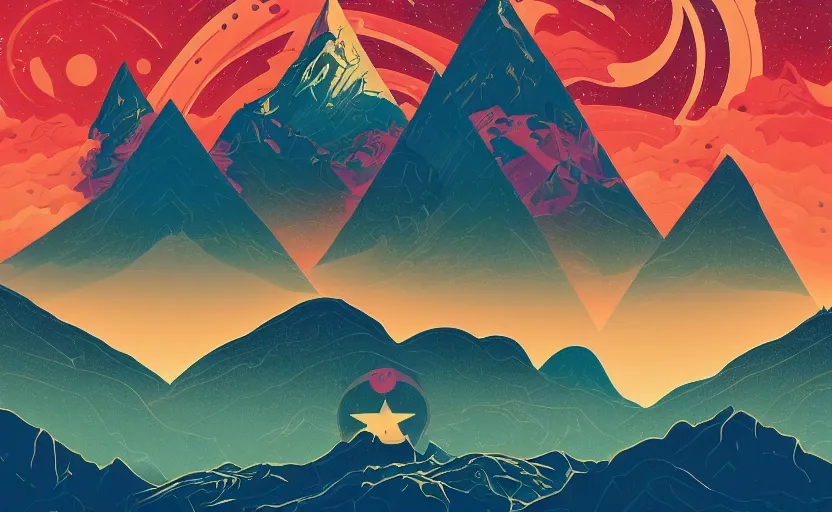 Prompt: mountains, stars and paisley filled sky, artstation, intricate, highly detailed, digital painting, concept art, sharp focus, illustration by tom whalen and charles williams and kilian eng and james jean