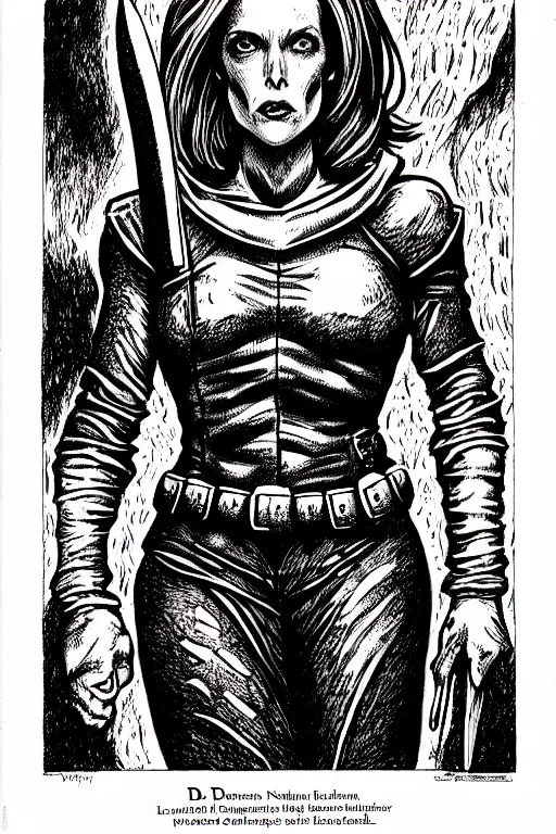 Prompt: dana scully as a d & d monster, full body, pen - and - ink illustration, etching, by russ nicholson, david a trampier, larry elmore, 1 9 8 1, hq scan, intricate details, stylized border