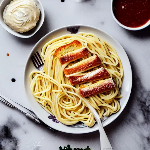 Prompt: 5 star meal of cream alfredo spaghetti with garlic bread sticks on the side, food photography, restaurant food, high quality food, italian, studio Ghibli art style, trending on artstation, Ghibli food