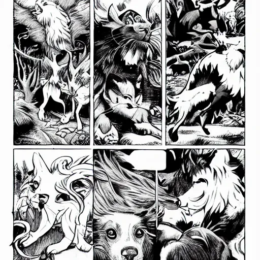 Image similar to Big battle between cats and dogs, in the forest, magic spells, dark fantasy style
