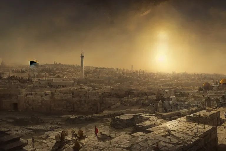 Prompt: jerusalem city on the moon, matte painting, long shot, concept art, wide shot, digital art, trending on artstation, 4 k, extremely detailed, realistic, midday, warm colors, golden sunlight, by greg rutkowski, cinematic, epic