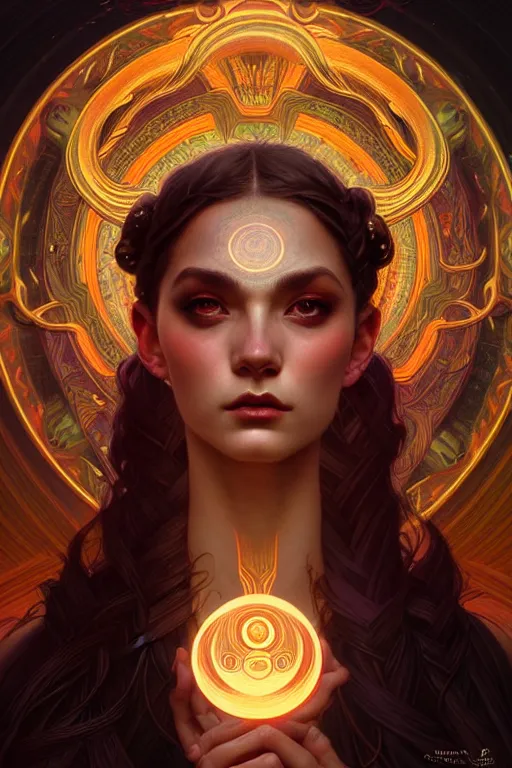 Image similar to dmt goddess closeup filled background around face, fantasy magic, undercut hairstyle, dark light night, intricate, elegant, sharp focus, illustration, highly detailed, digital painting, concept art, matte, art by wlop and artgerm and greg rutkowski and alphonse mucha, masterpiece