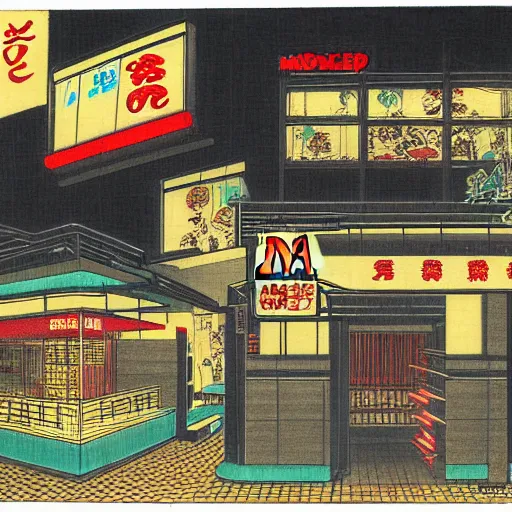 Image similar to A McDonalds at night, by Tsukioka Yoshitoshi