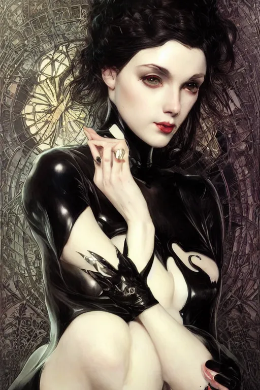 Prompt: Beautiful pale gothic girl in black latex intricate, elegant, highly detailed, digital painting, artstation, concept art, smooth, sharp focus, illustration, art by artgerm and greg rutkowski and alphonse mucha
