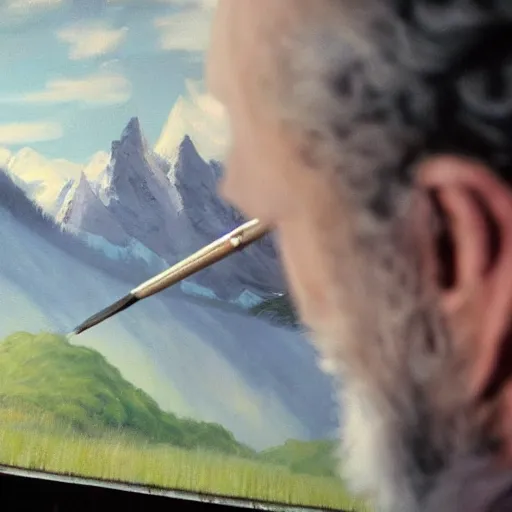 Prompt: a closeup photorealistic photograph of bob ross working on a canvas painting of natalie dormer. film still. brightly lit scene. mountains and trees. this 4 k hd image is trending on artstation, featured on behance, well - rendered, extra crisp, features intricate detail, epic composition and the style of unreal engine.