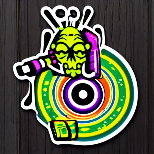 Prompt: svg sticker of a DJ spinning records, mad-man-crazy-psychedelic-vibe going out across the galaxy, wild-times-cowabunga