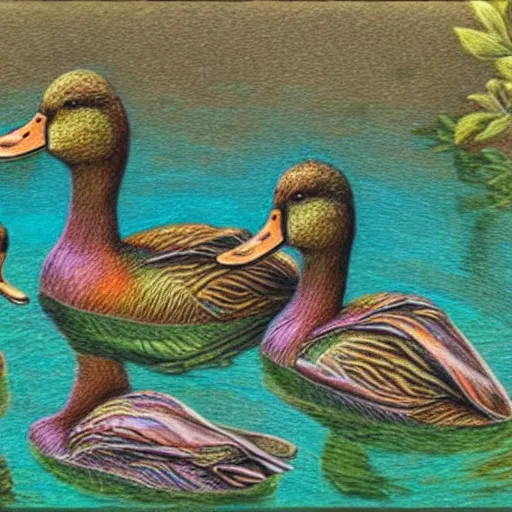 Prompt: Colored pencil art on paper, Ducks swimming in pond, highly detailed, artstation, MasterPiece, Award-Winning, Caran d'Ache Luminance