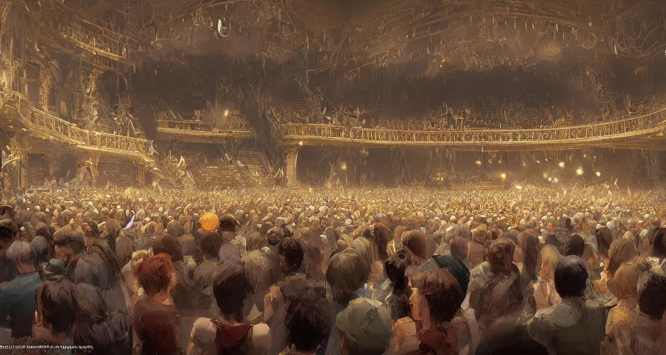 Prompt: craig mullins and ghibli digital art of inside the grand theater, audience, on the stage, masked female violinists, exotic costumes, gold jewelry, black hair, solo performance unreal engine, hyper realism, realistic shading, cinematic composition, realistic render, octane render, detailed textures, photorealistic, wide shot