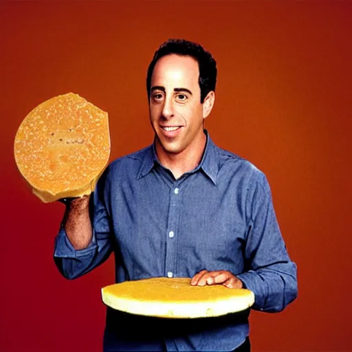 Prompt: jerry seinfeld eating a large wheel of cheese, realistic, color film,