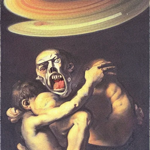 Image similar to saturn devouring his son, painting by francisco goya