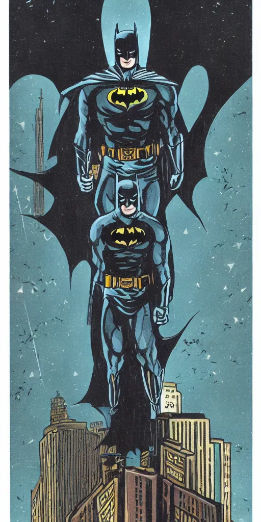 Image similar to batman standing on top of a high rise building at night, tarot card, major arcana