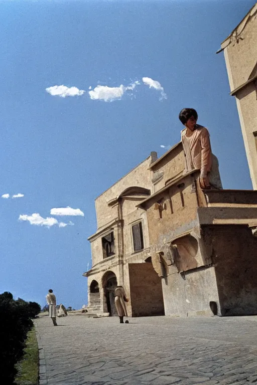 Image similar to a scene of a la giornata ( 1 9 6 6 ) a movie of antonioni starring mastroianni!!!! in the style of the ( ( ( scrovegni chapel by giotto ) ) ). incredibly blue sky. blue sky everywhere. technicolor, grandiose, cinematic, 5 0 mm, highly detailed, romantic