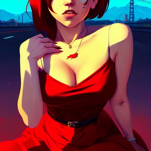 Image similar to portrait of cute girl in a red dress, gta v cover art, borderlands style, celshading, sharp focus, intricate, detailed, by rhads, andreas rocha, rossdraws, makoto shinkai, laurie greasley, lois van baarle, ilya kuvshinov and greg rutkowski, dynamic lighting, sharp focus, grunge aesthetic, 4 k