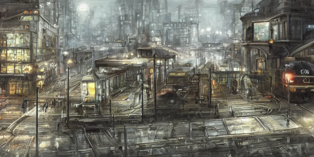 Image similar to 2 0 4 5 train station city landscale, concept art, illustration, highly detailed, artwork, hyper realistic, painting