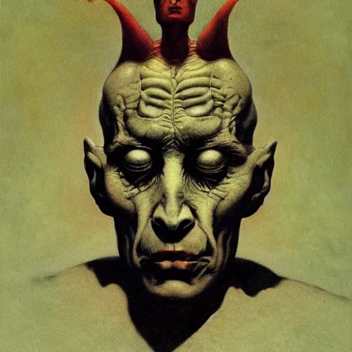 Prompt: portrait of Satan as a very handsome man, style of Zdzislaw Beksinski, occult background, sublime, mind-expanding